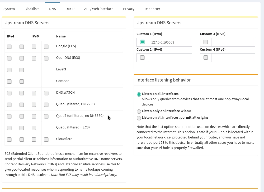  utiliser le DNS CLoudflare à la place de celui choisi lors de la configuration de Pi-Hole 